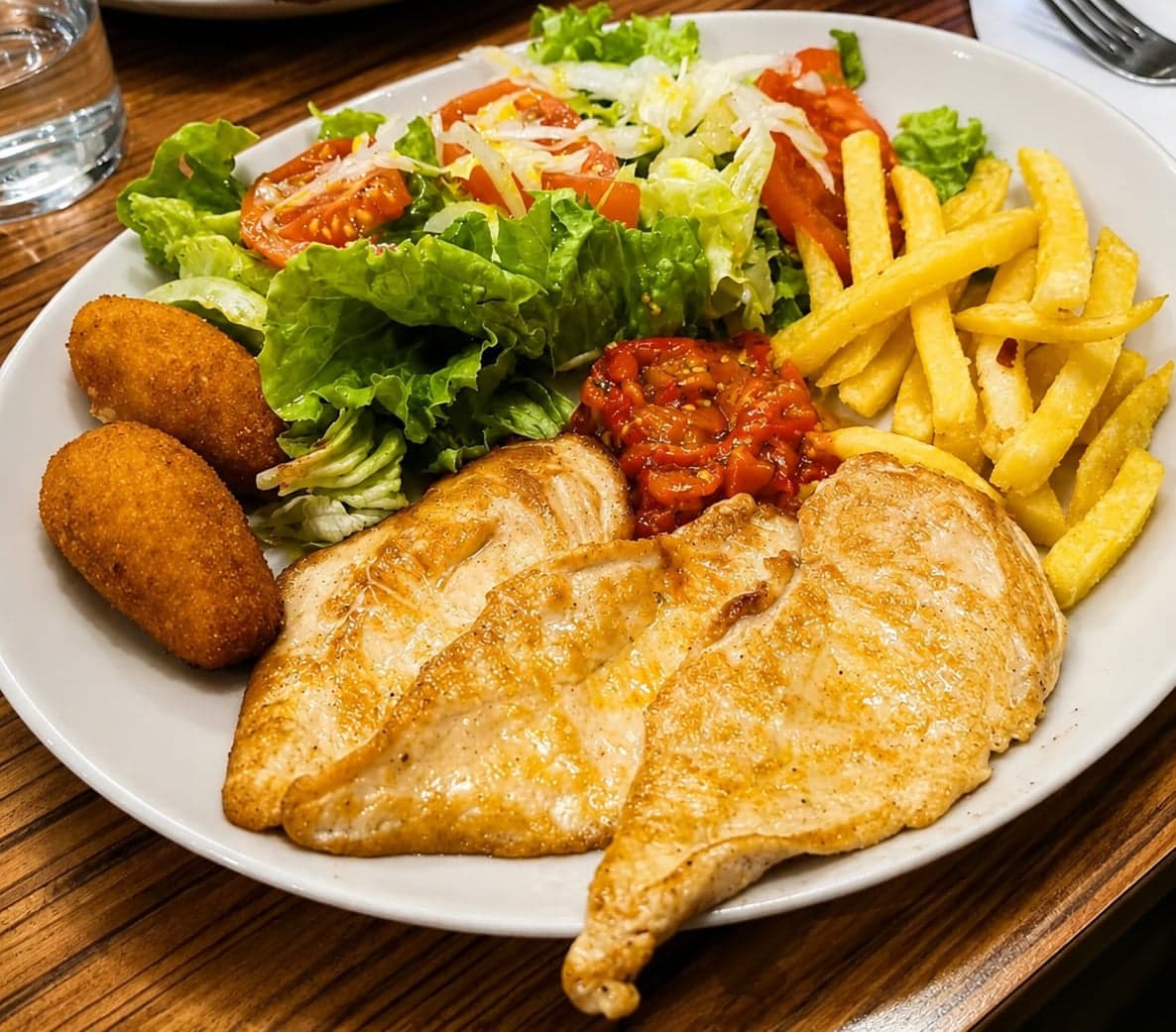 Plater konbinatua osorik: oilasko paparra plantxan, kroketak, entsalada, piper gorria eta patata frijituak